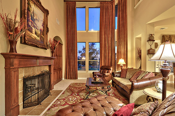Family Room with 2-story volume and windows